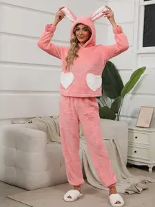 Autumn Winter New Cute Bunny Ear Sweet Girl Home Wear Soft Comfortable Warm Pajama Set, Women's Sleepwear, Cozy Nightgown