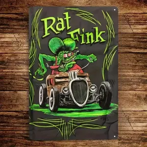 Vintage Rat Fink Metal Wall Art Plaque, Retro Hot Rod Decor for Garage Bar Man Cave, Pre-Drilled Easy Hanging Decoration