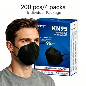 200PCS/4packs 5-Layer, Black KN95 3D Fish-Shaped Face Masks, 95% High Filtration Protection,  Individual Packaging, Breathable Disposable Protective Masks, Soft Comfortable Non-Woven Safety Mask for Adults