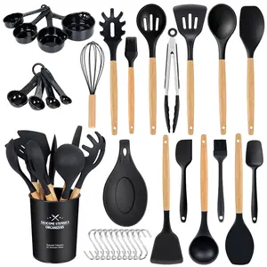 MGKKT 34-Piece Sturdy Kitchen Utensils Set - Silicone Cooking Utensils with Wooden Handles, 446°F Heat-Resistant Food-Grade Spatulas, BPA-Free Gadgets & Spoons for Nonstick Cookware