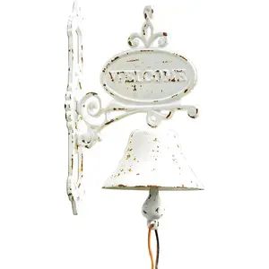 Cast Iron Dinner Bell Rustic White Wall Hanging Bell Welcome Sign,  Style Farmhouse Outside Door Bell, Decorative Manually Shaking Doorbell, Indoor Outdoor Wall Mounted Dinner Bell