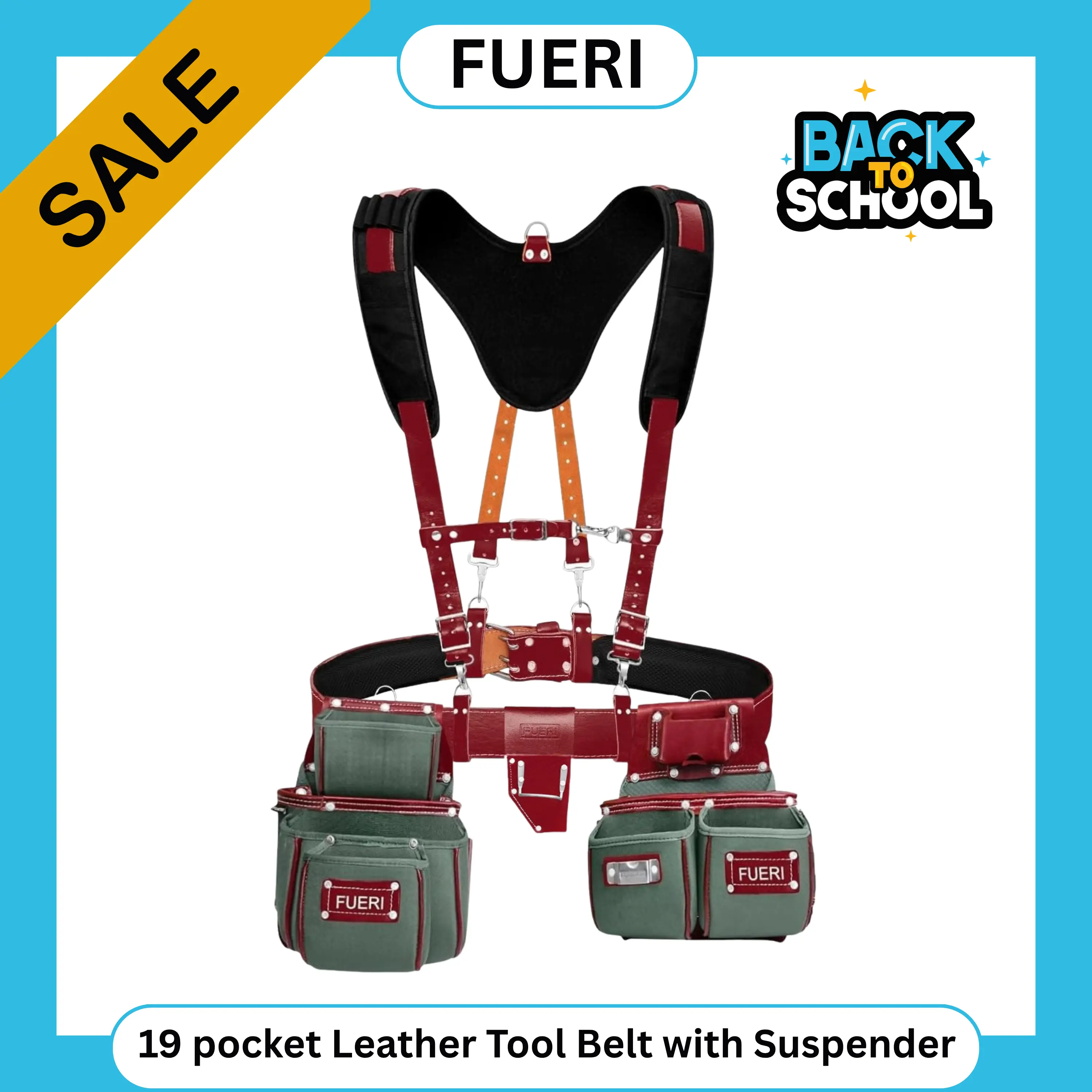 FUERI Heavy-Duty Nylon & Leather Tool Belt with Suspender - 19-Pocket Tool Storage Bag (14x12x6in), Adjustable Foam Padded Size Belt, 4 D-Loops, Hammer Holder, Work & Construction Accessories, Heavy-Duty Pouches for Carpenters campingessentials