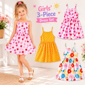 Girls Summer Sundress 3-Pack, Cute Heart Print Polka Dot and Floral Spaghetti Strap Dresses, Casual Vacation Outfit for Beach, Party and Playtime