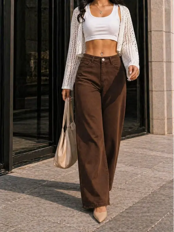 Women's Brown Wide Leg Jeans, High Waist Straight Leg Denim Pants, Vintage Washed Loose Fit, Full Length with Soft & Comfortable Fabric, Breathable Durable Stitching, Classic Five-Pocket Design, Casual Daily & Outdoor Style, Versatile for All Seasons