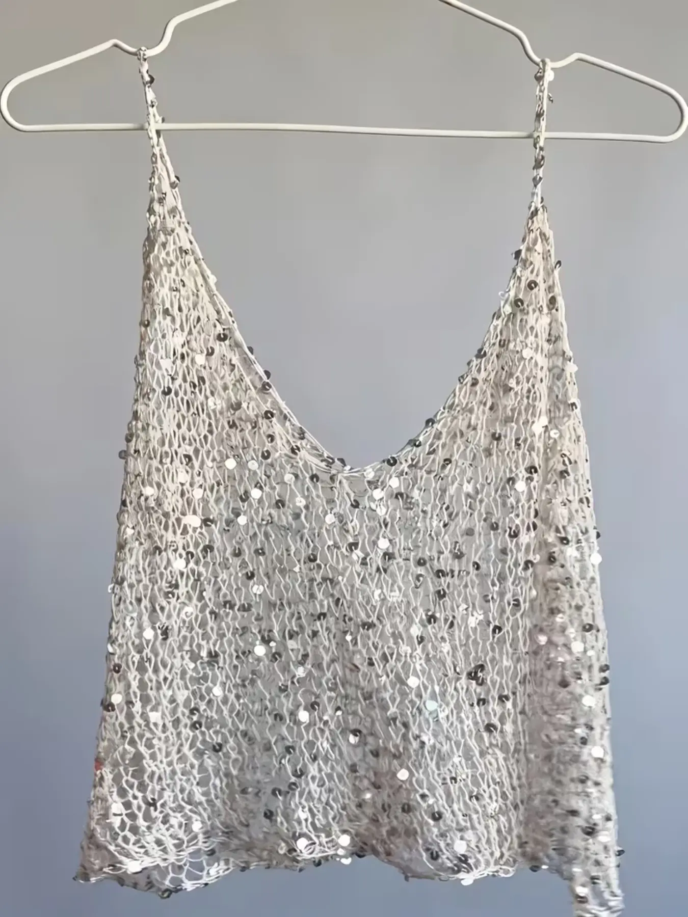 Women's Sequin Sheer Mesh Cami Top Cropped Sleeveless, Knitted Thin Strap V-Neck Loose Beach Cover Up, Vibe Essential Hot Girl Layering Outerwear, Perfect for Vacation, Music Festivals, Beach Trips and Party Outfits, Beachwear, Knitwear, Fabric
