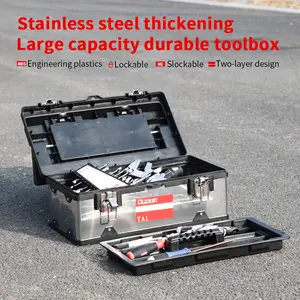 17/20-inch stainless steel toolbox with tray, metal lock, non-slip handle, and portable tool organizer with dividers; suitable for workers and households; no assembly required, no charging required; the perfect Christmas gift