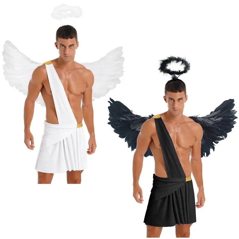 Men's Angel Cosplay Costume Halloween Theme Party Role Play Sets Ruffle Skirts with Angel Wings and Hairband Fallen Angel Outfit