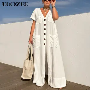 UOOZEE women's loose short-sleeved button pocket solid color V-neck jumpsuit, multi-color, high-quality fabric, suitable for spring, summer and autumn, suitable for multiple occasions, can be matched with a belt