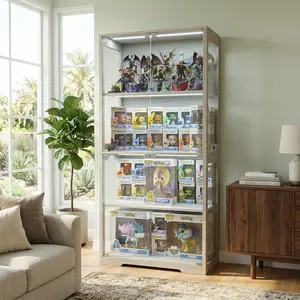 BROTTAR Tri-Color Lights Display Cabinet with Pop-Up Tempered Glass Doors， 4-Tier Storage Cabinet with 2 Optional Wood Shelves，Modern Style Suitable for Collectibles&Toys&Figures&Cards，Glass Cabinet for Living Room, Bedroom，White