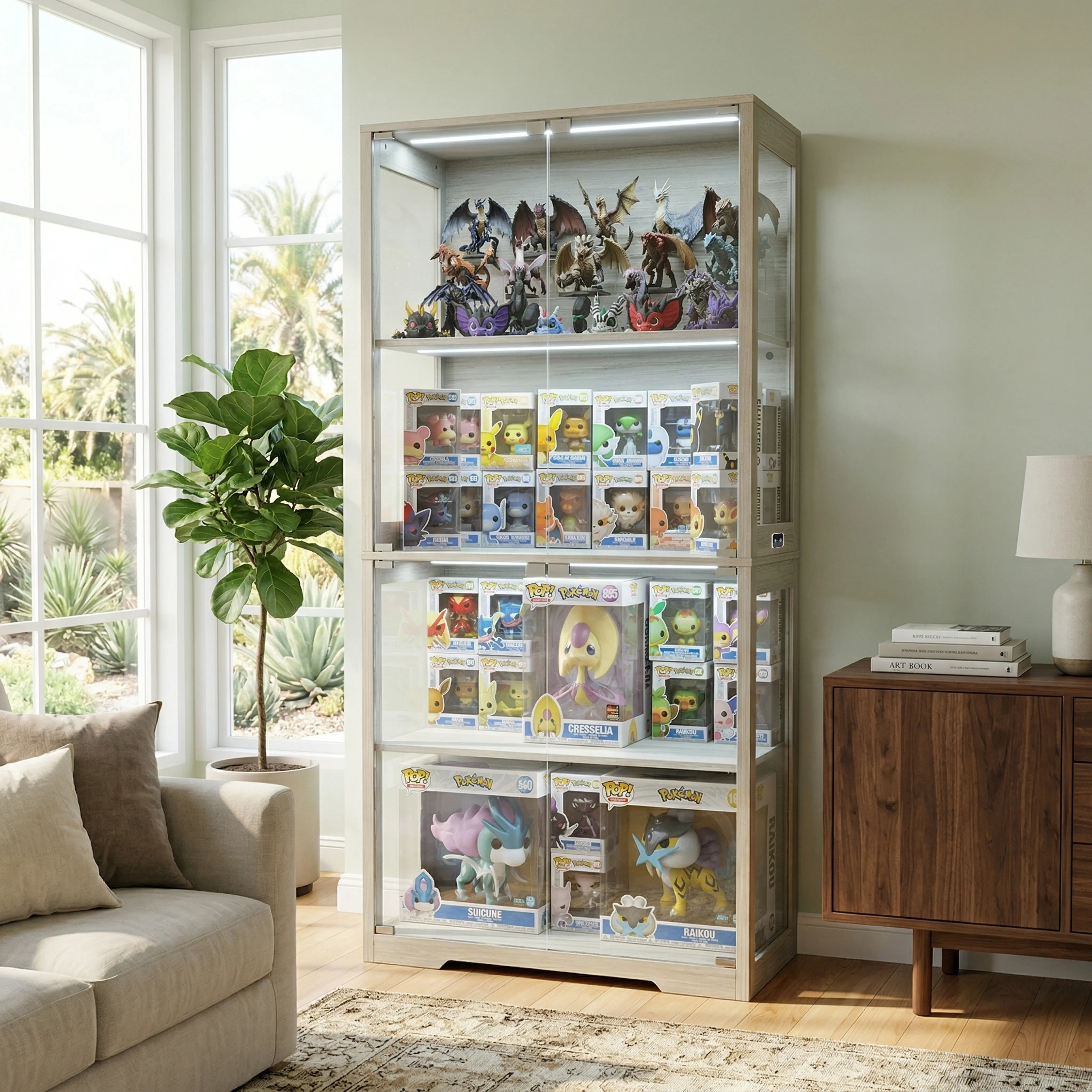 BROTTAR Tri-Color Lights Display Cabinet with Pop-Up Tempered Glass Doors， 4-Tier Storage Cabinet with 2 Optional Wood Shelves，Modern Style Suitable for Collectibles&Toys&Figures&Cards，Glass Cabinet for Living Room, Bedroom，White