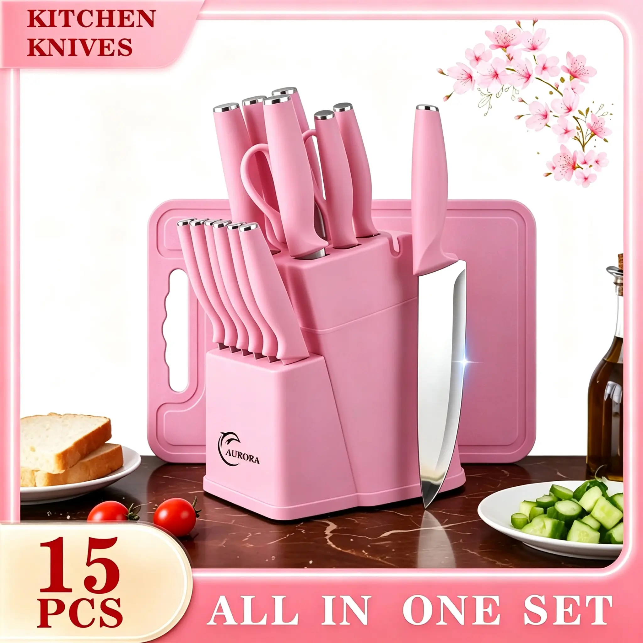 15-Piece Stainless Steel Kitchenware Set - Sharp Blades, 6 Steak Knives, Holder, Cutting Board, Sharpener, Ergonomic Handles, Attractive Design, Easy Maintenance - Ideal for Women, Beginners, Small Kitchen Cooking