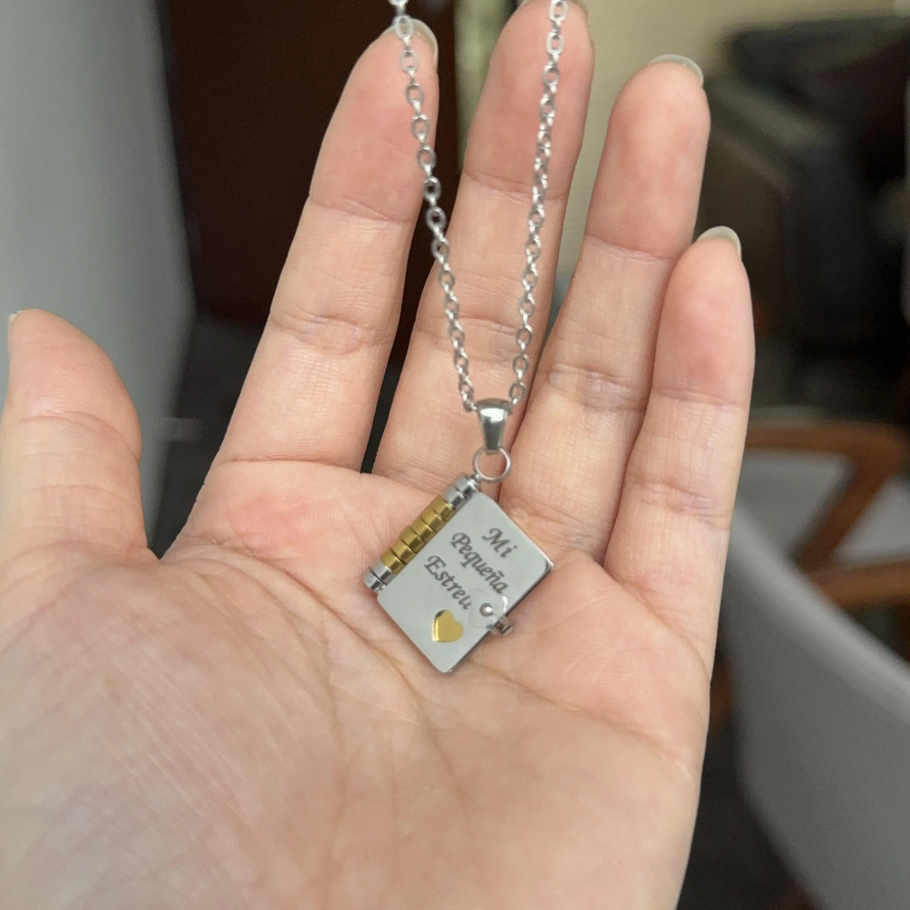 Stainless Steel Book Pendant Necklace for Daughter, Elegant Locket-Style Keepsake Jewelry, Meaningful Gift for Birthday or Graduation, Daily, Metal Coating
