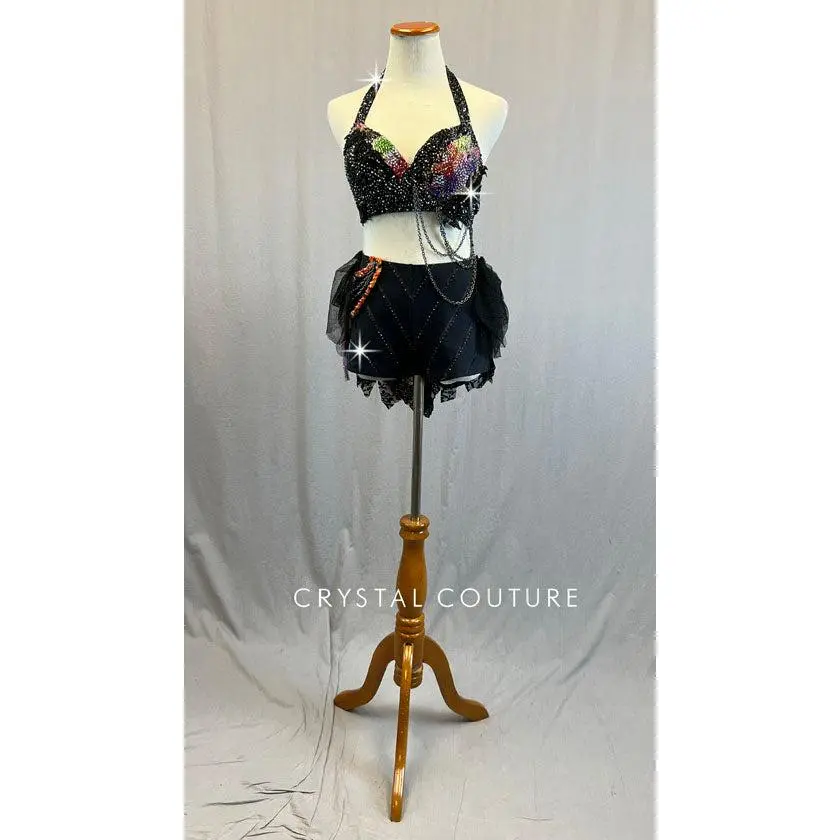 Custom Black & Multicolor Halter Bra Top with Handkerchief Back Skirt on Shorts - Rhinestones