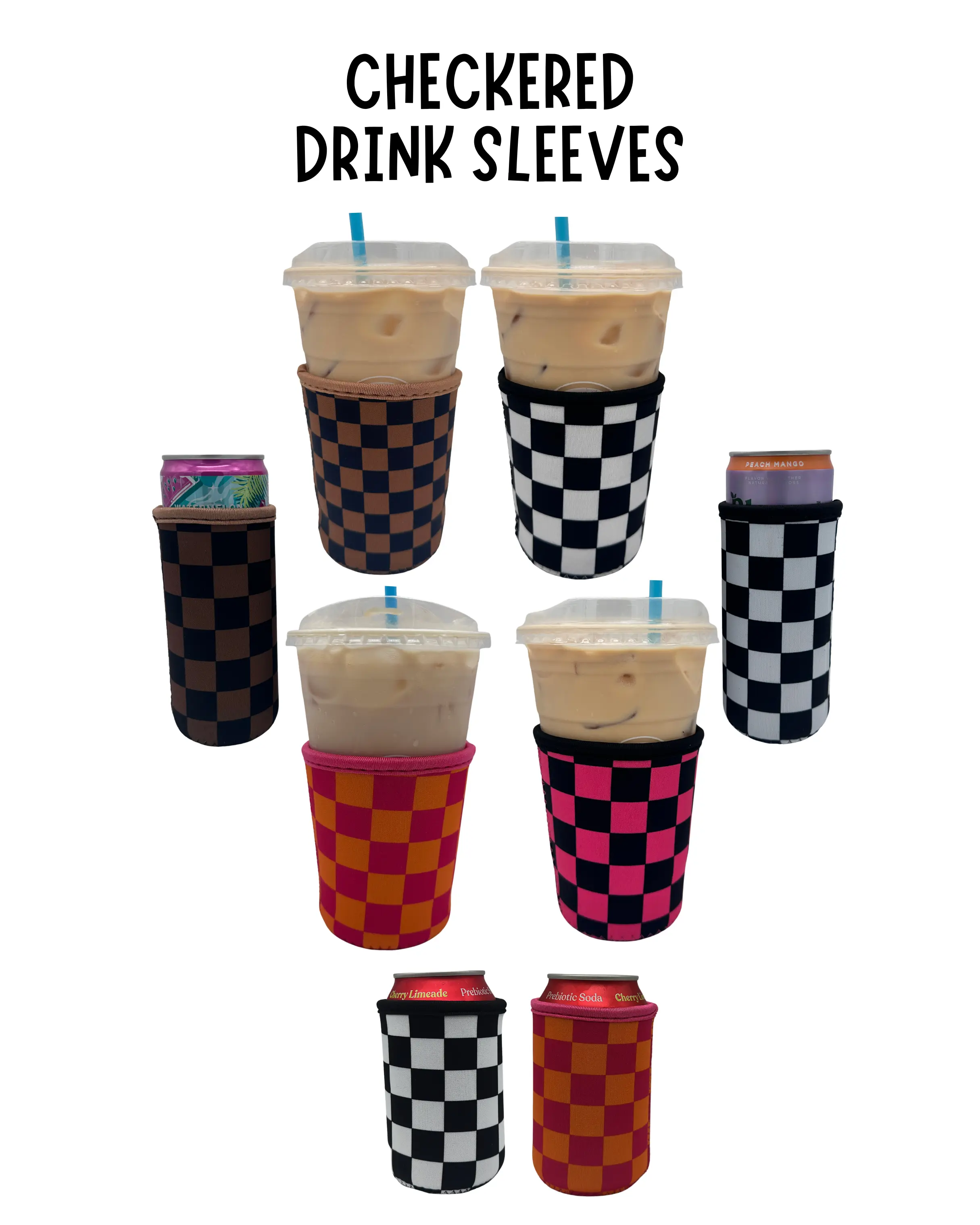 Stylish Checkered Drinkware Covers -Cute Coffee Sleeve & 12oz Can Cooler | Neoprene Drink Coozie | Reusable, Washable & Sweat-Proof | Beverage Holder for Iced Coffee, Soda & Energy Drinks