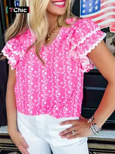 Summer Elegant Floral Print Wave Hem Multi-Layer Pleated V-Neck Top Blouse, Stylish Women's Casual Wear, Perfect for Daily