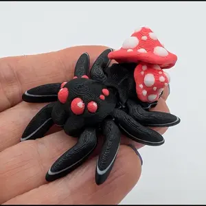 Articulated Mushroom Spider - Black Design with Red Spots, Unique Mushroom Shape, Ideal for Collectors and Display home