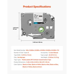 VEVOR Label Maker Tape, 6 Pack, 0.47 in/ 12 mm Colored Label Maker Refills Compatible for Various Types of Brother P-Touch, Replacement for Letra Tag TZe-131 TZe-231 TZe-431 TZe-531 TZe-631 TZe-731