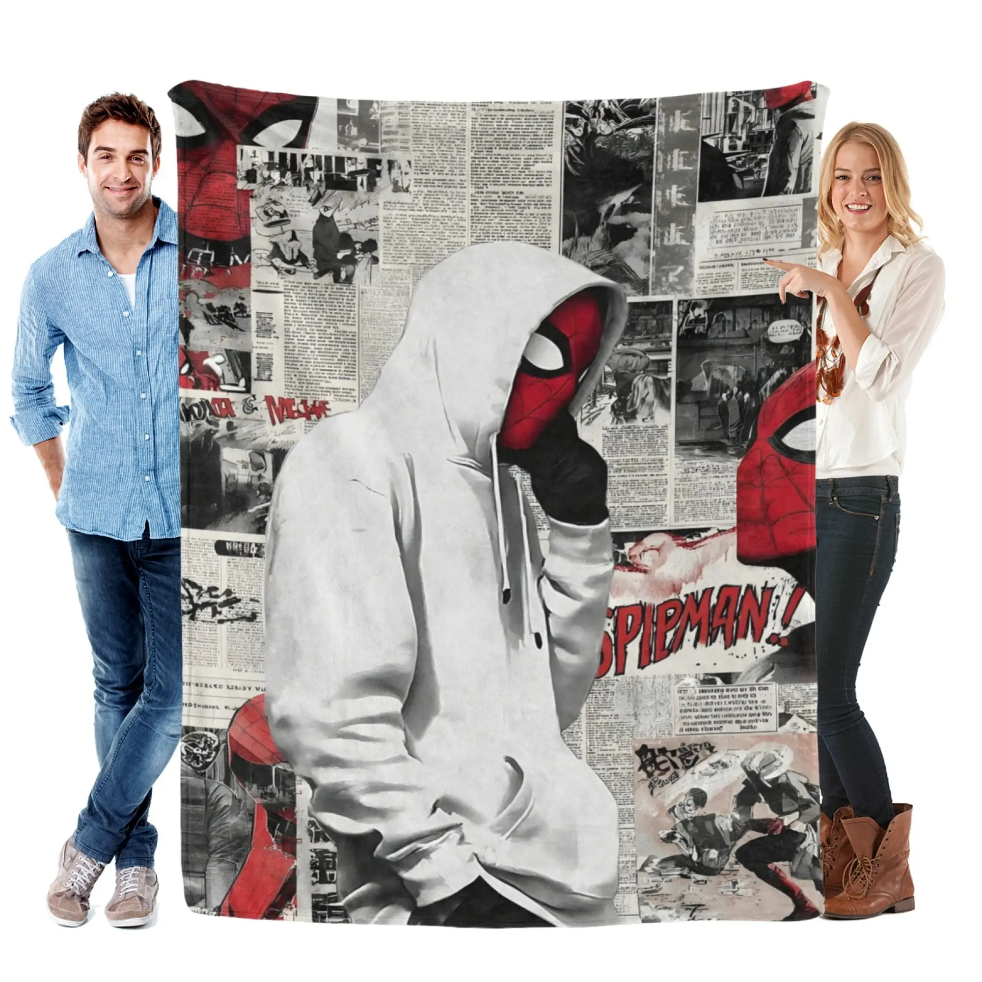 [SummerVibes] MARVEL CLASSIC Spider-Man Newspaper Collage Soft Flannel Blanket, 2D Print White Hoodie Hero Cozy Throw for Home Bedroom Decor, Couch, Office Nap & Fans