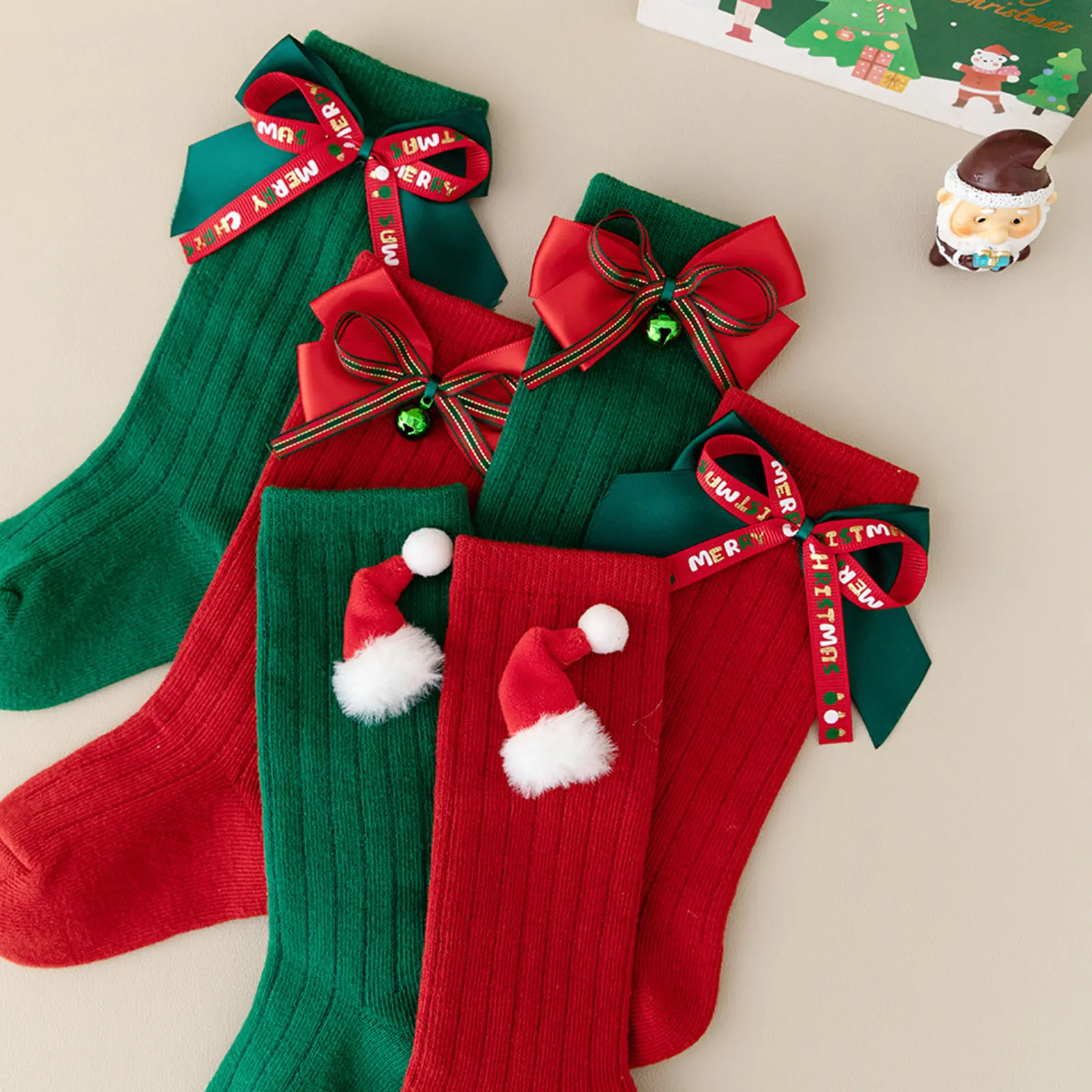 Toddler Infant Baby Girl Mid Calf Socks with Print Bows Toddler Knee High Socks Soft Cotton Christmas Stocking