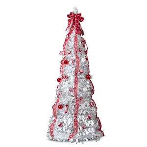 6 FT Pre Lit Christmas Tree with Warm White Lights and Red Ornaments Fully Decorated Pop Up Artificial Xmas Tree for Home Holiday Decor