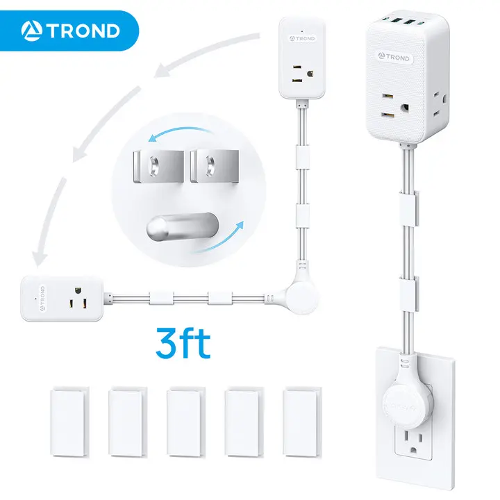 TROND 3ft Outlet Extender with 3 AC Outlets & 20W USB C, 360° Rotating Plug Wall Adapter for Behind Couch Desk, White