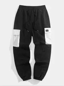 Men's Casual Sportswear Drawstring Ankle Cuff Colorblock Multi-Pocket Workwear Windbreaker Sports Pants, Comfortable and Stylish, Athleisure Style Bottoms