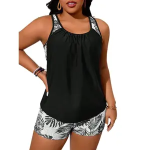 Women's Plus Size 2-Piece Tankini Swimsuit Set - Tummy Control Push Up Top with Boy Shorts, Comfortable Plus Size Swimsuits for Vacation & Sports Use