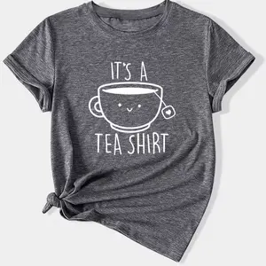 Shirt English Print Fashionable Retro Style Women'S Summer Casual Sports Style Top Round Neck Short Sleeve T-Shirt Dark Gray