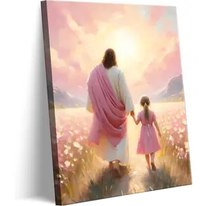 Jesus Walking with Girl Canvas Wall Art Christian The Way He Leads Wall Decor Picture I will walk with Christ Poster Print Religious God Artwork for Baby Girl Room Decoration 12x16in Ornaments Photo Artistic
