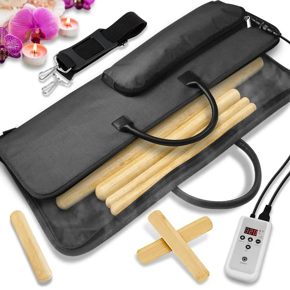 8-Piece Electric Bamboo Massage Kit with Waterless Heating Bag - Hot Stick Therapy Device for Muscle Pain Relief - Lightweight & Portable with Digital Control
