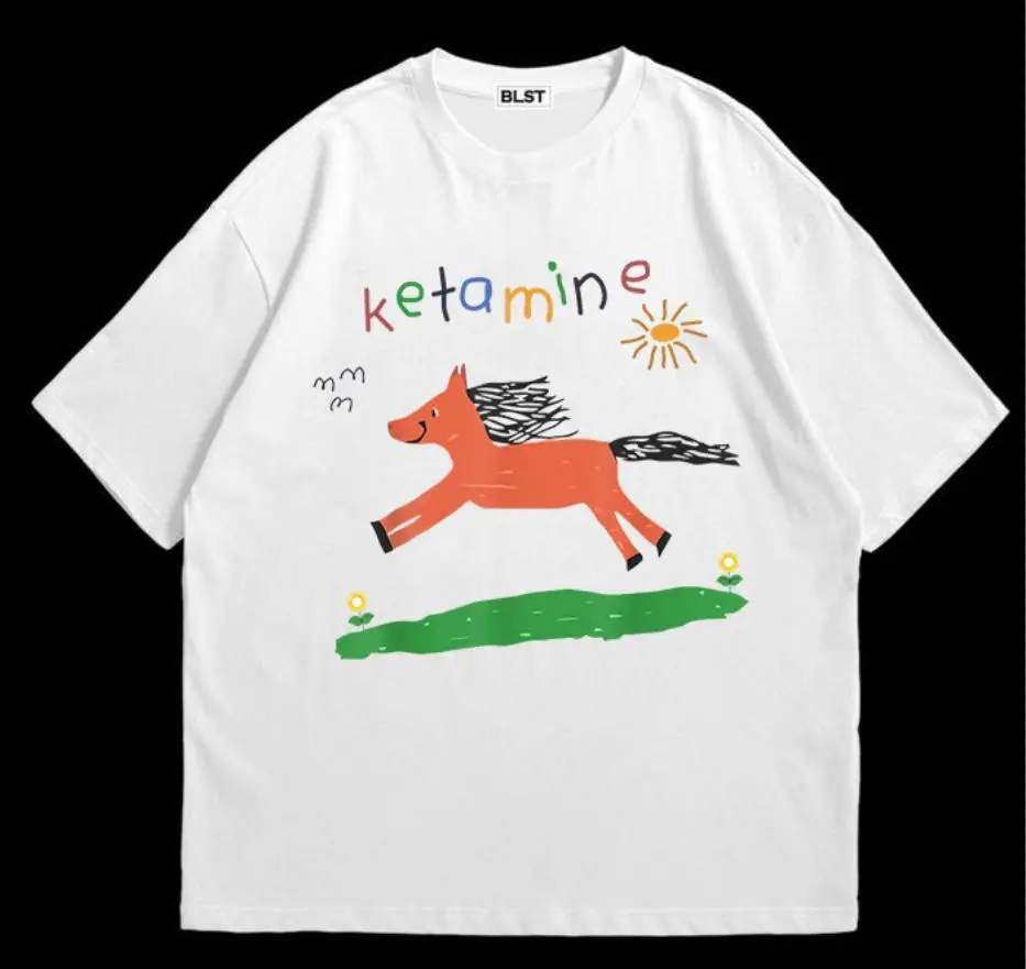 Men's Casual Streetwear T-Shirt, Ketamine Pony Nurse Meme Graphic Print, Short Sleeve Tee, Casual T-Shirts, Humor Graphic Tee