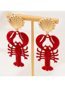 Hot-selling marine life series red painted lobster earrings, metal shell earrings for women
