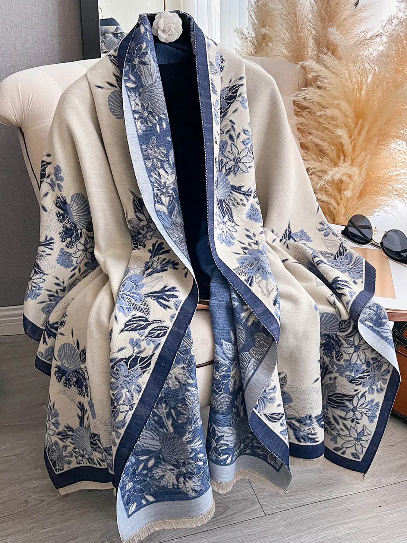 Elegant Plant Print Scarf, Soft Warm Boho Style, Perfect for Fall & Winter, Casual Fitted Design, Ideal for Any Occasion, Floral Pattern Shawl, Fashion Shawl