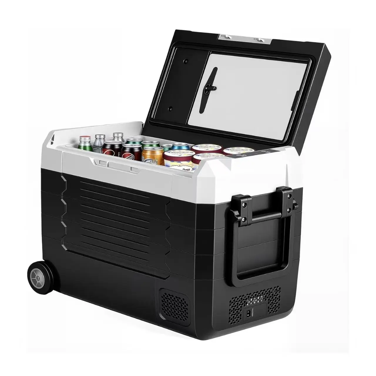 Portable Refrigerator with Dual-Layer Cooling, Bluetooth Smart Fridge Freezer with Built-in Cutting Board, Dual Power 12V/24V DC & 100-240V AC, Pull-Rod & Wheels for Camping Road Trip, 16L/20L/40L/50L