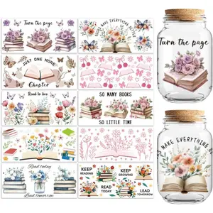UV DTF Cup Wraps Transfer Stickers Book and Flowers Pattern, 10 Sheets Waterproof Custom Vinyl Transfer Sticker 16oz Coffee Glass Cup Tumbler Bottle Mug Decals for Men Women