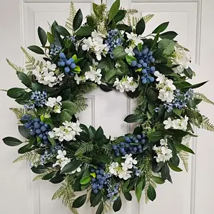 Elegant Door Decorative Wreath, Blue Wildflowers, Blueberries, Hydrangeas, All-Season Decoration, Year-Round Ornament, Stylish Home Accent
