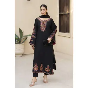 Elegant Black Embroidered 3pc Poly Linen Suit – GWPL01 by Gul Warun