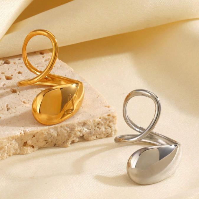 Chunky Geometric Ellipse Ring for Women – Glossy Hollow Statement Band, Minimalist Stainless Steel Jewelry