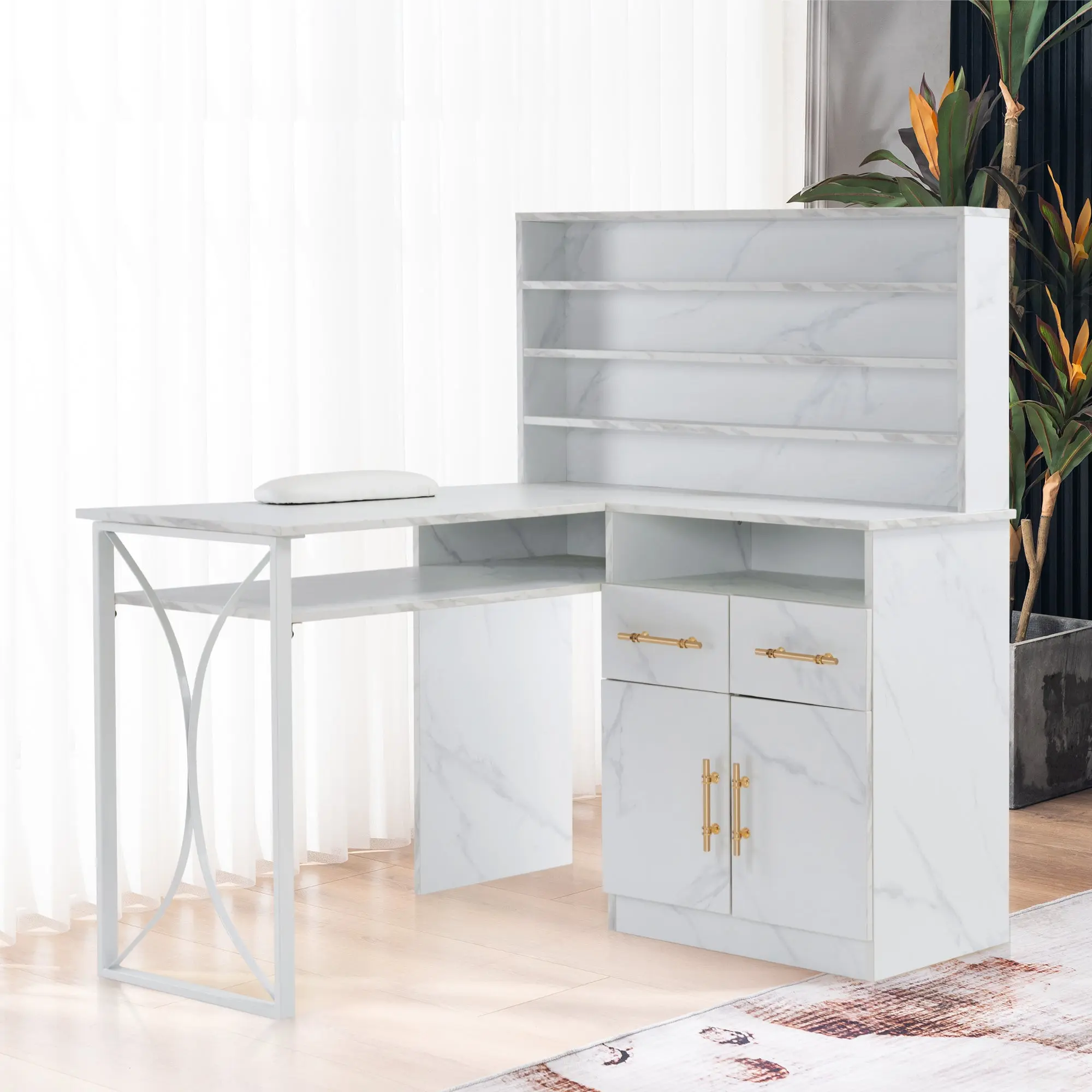 BarberPub L-shaped Nail Desk, Versatile Manicure Table with Metal Support Salon Furniture Open Shelves 2833