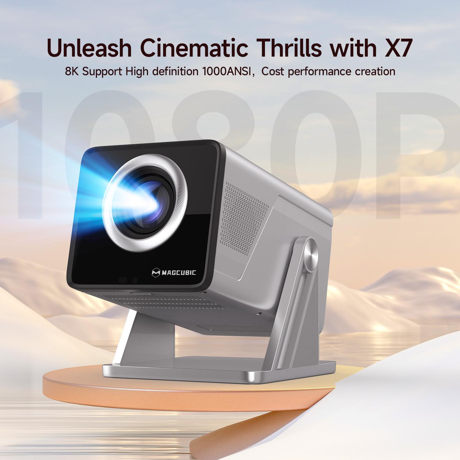 [US warehouse] Magcubic X7 Projector 1000ANSI Auto Focus 8K 4K Decode Android 14.0 Built-In HiFi Speaker Auto Obstacle Avoidance & Fully Keystone Correction Dual WiFi6 BT5.4 Native 1080P 180° Rotatable Allwinner H726 High-End Home Cinema Audio Movie Night