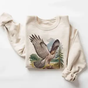 Retro Red Tailed Hawk Wings Spread Birding Sweatshirt - 90s Vintage Birds Of Prey Forest Nature Scene - Boho Unisex Crewneck Sweatshirt - Lauriel Designs  BI