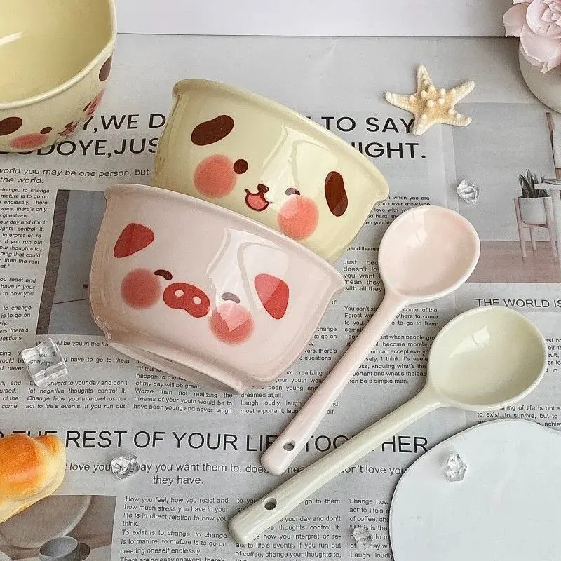 A Set of 2 Cartoon Pig Puppy Ceramic Tableware Dinnerware Sets Cute Household Rice Bowl Eating Dishes Soup Yogurt Dessert Bowls Bowl Spoon Ceramic Dinnerware Set