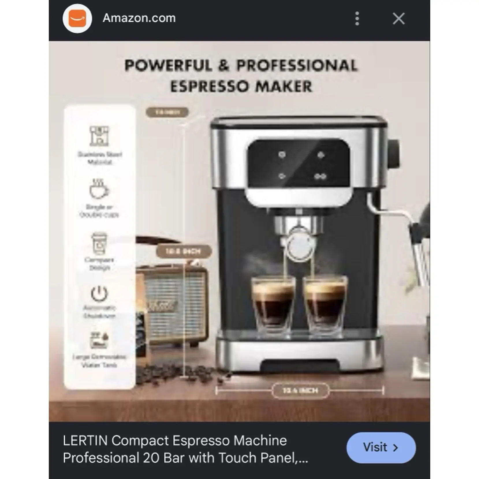 LERTIN Compact Espresso Machine Professional 20 Bar with Touch Panel Factory Sealed for Home Use