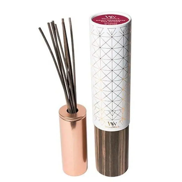 AURA Series Rhubarb Herbs WoodWick 8 oz Reed Diffuser with Black Reeds, Gift Box, Garden Greens Scent, Rhubarb Mingled with Garden Greens, Rich Wood Base, Lustrous Copper Stamping, Scented Jar Candle Compatible Refills