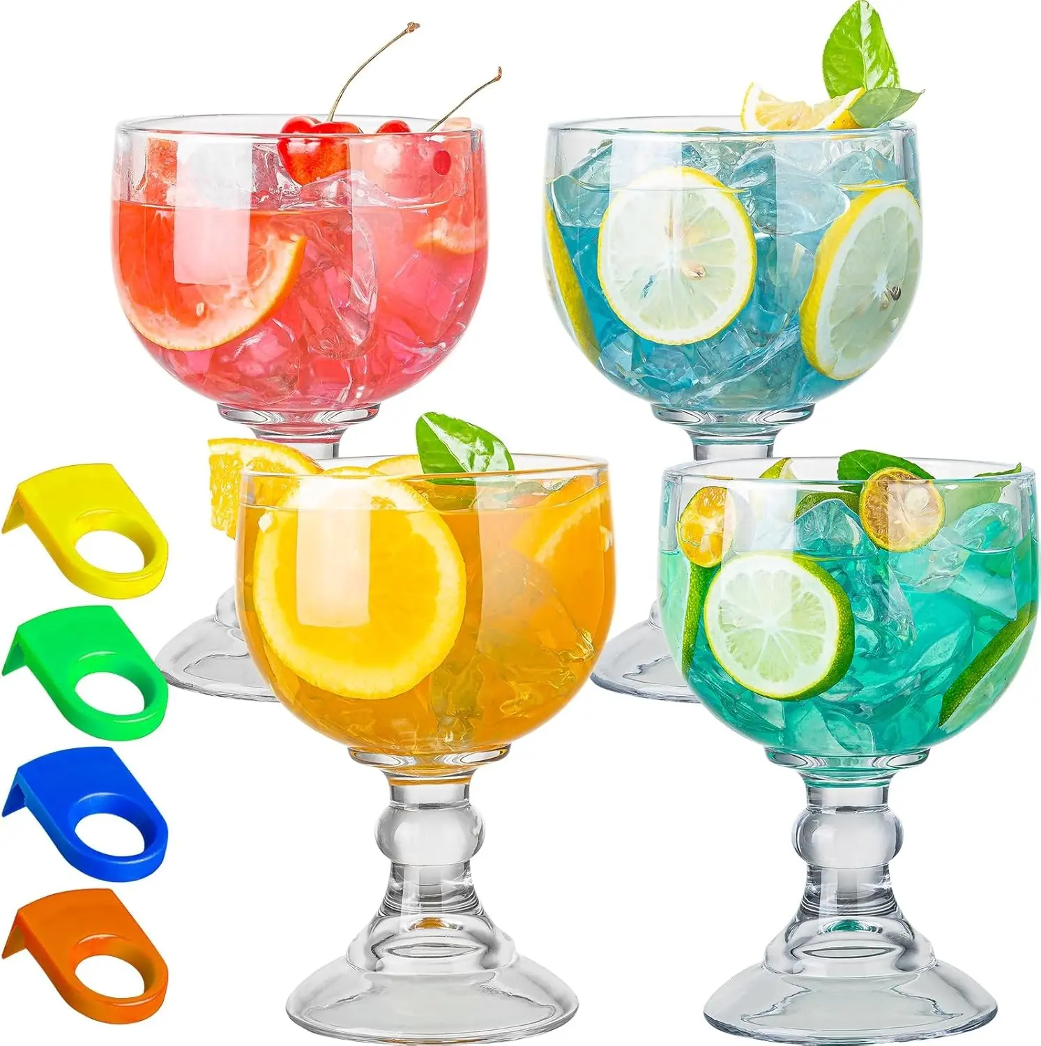 Schooner Beer Glasses 21.5 Oz Set of 4, Extra Large Margarita Glass With 4 Color Clips, Shrimp Cocktail Goblet, Large Stemmed Glasses With Thick Bottom, Crystal Clear Bar Glassware