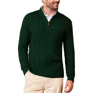 Kallspin Men's Quarter Zip Sweater Pullover Pure Cotton Cable Knit Long Sleeve Business Casual Knitwear