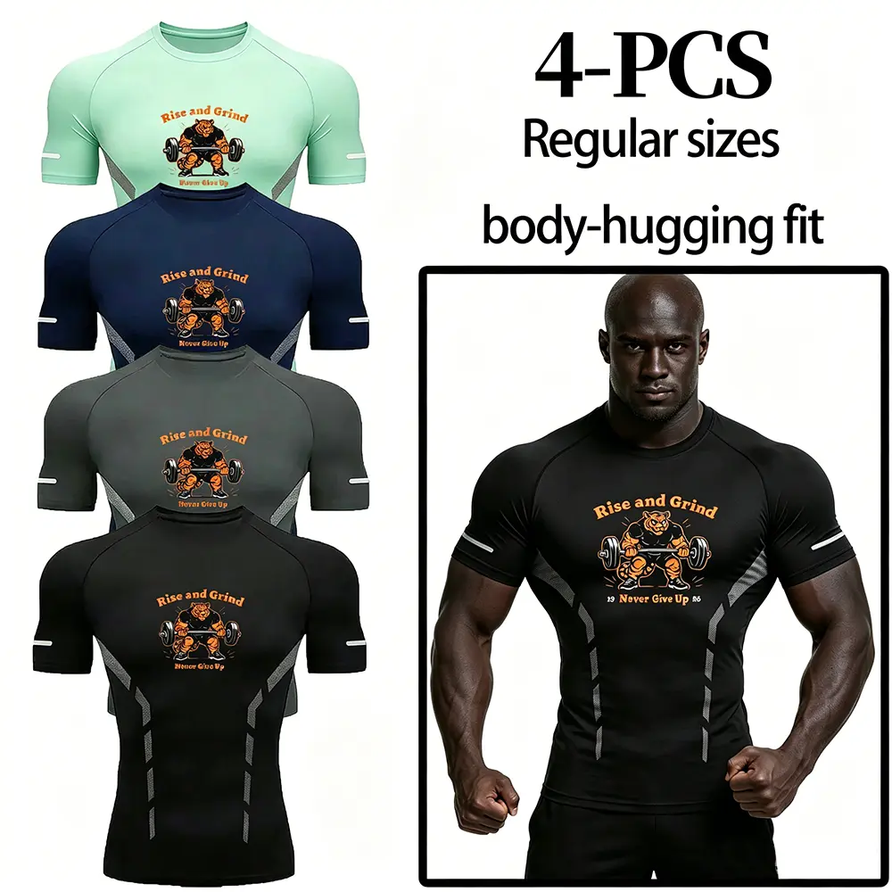 4 Pcs Men's Elastic Slight Stretch Compression Fitness T Shirts Tiger Graphic Quick Dry Athletic Running Gym Tops