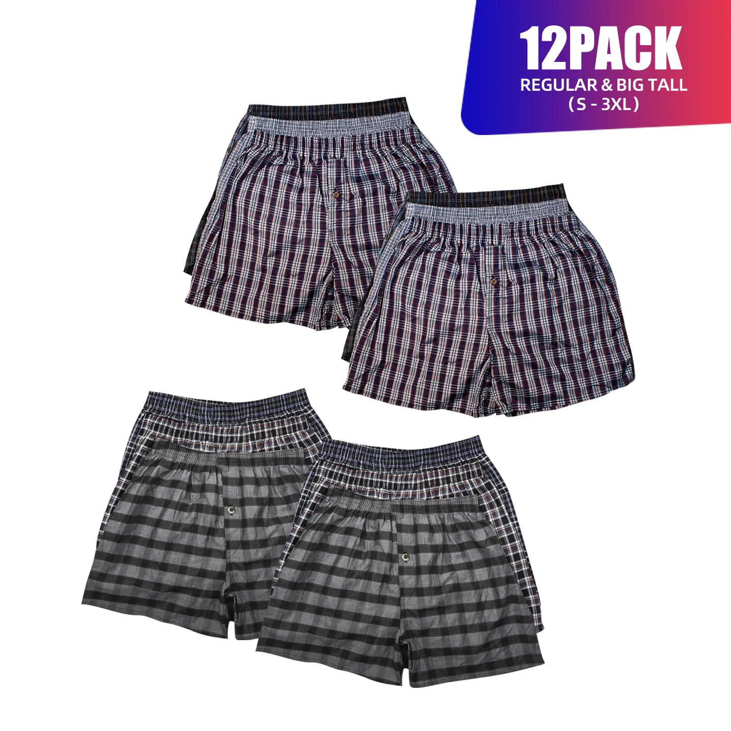 12 Pack Men's Boxer Shorts Random Mixed Color Pack Woven Relaxed Fit Boxers for Men Soft Breathable High quality Underwear with Elastic Waist Menswear