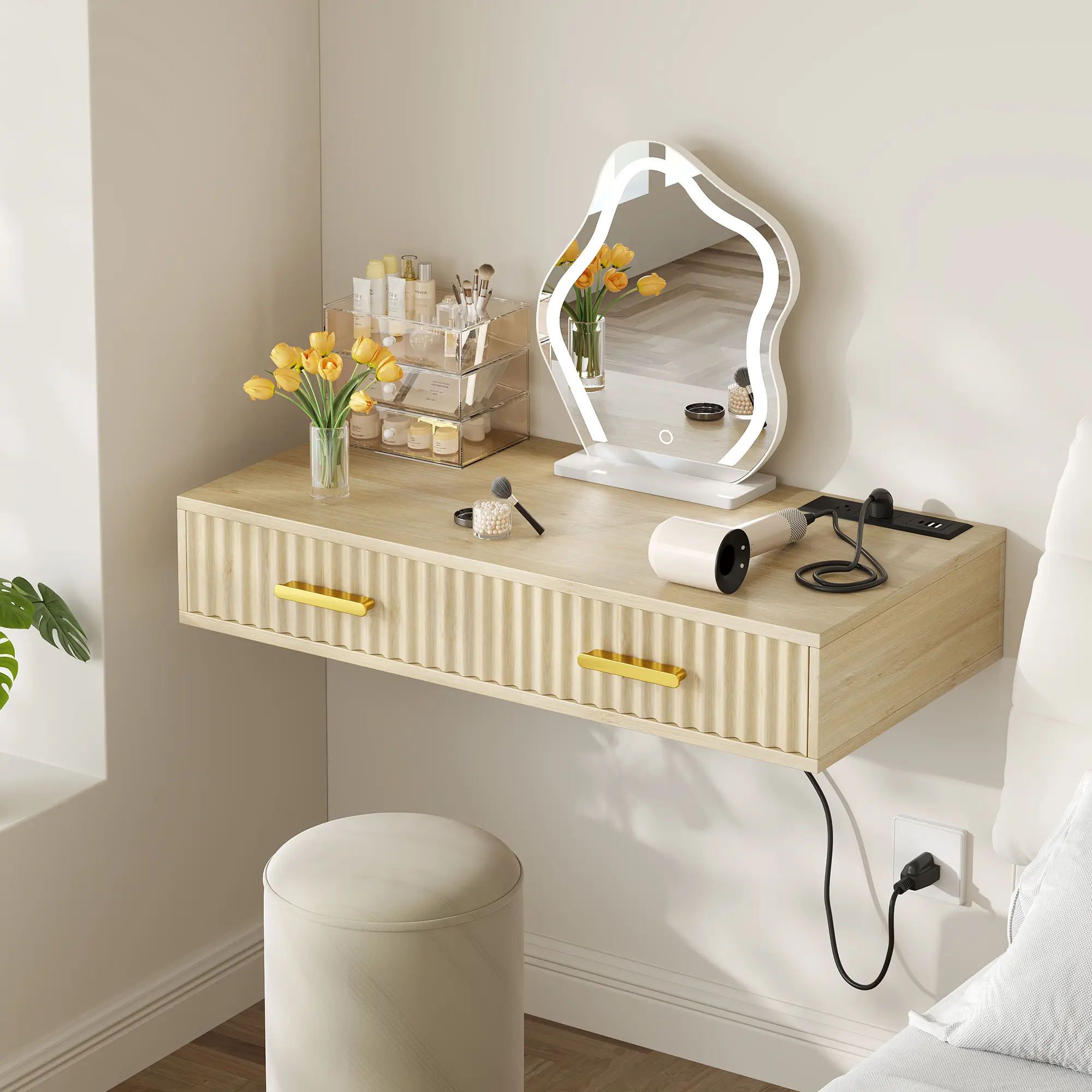 31.5" Floating Vanity Desk No Mirror, Wall Mounted Makeup Desk with Flute Drawer & Power Outlet, Fluted Oak and Gold Space Saving Writing Desk for Bedroom, Apartment & Home Office