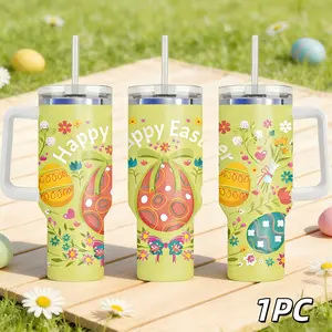 40 oz Happy Easter Tumblers with Handle and Straw, egg 40oz Stainless Steel Vacuum Insulated Travel Coffee Mug Cup Water Bottle, water cup，Easter Stuff Accessories Gifts for Women，for kids, Insulated Travel Drinkware, Thermo Tumbler